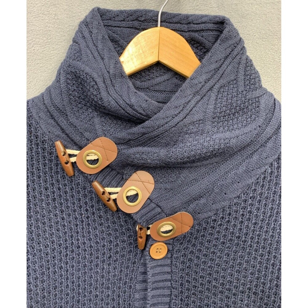 Mock Neck Chunky Knit Sweater Men’s Size L Blue Long Sleeves Pockets Toggles - Picture 2 of 13